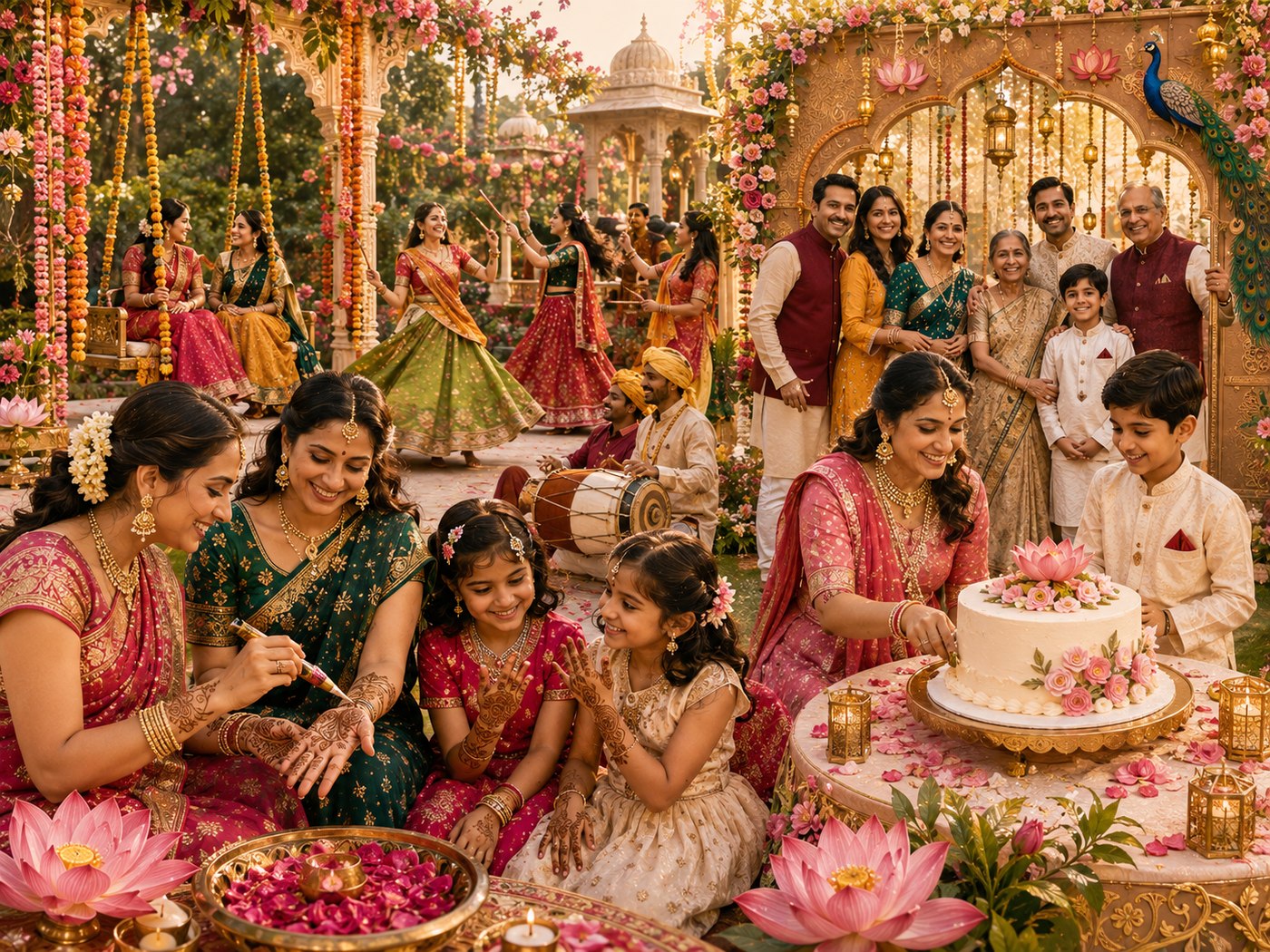 Teej celebration activities including mehndi, music, family photographs and cake cutting